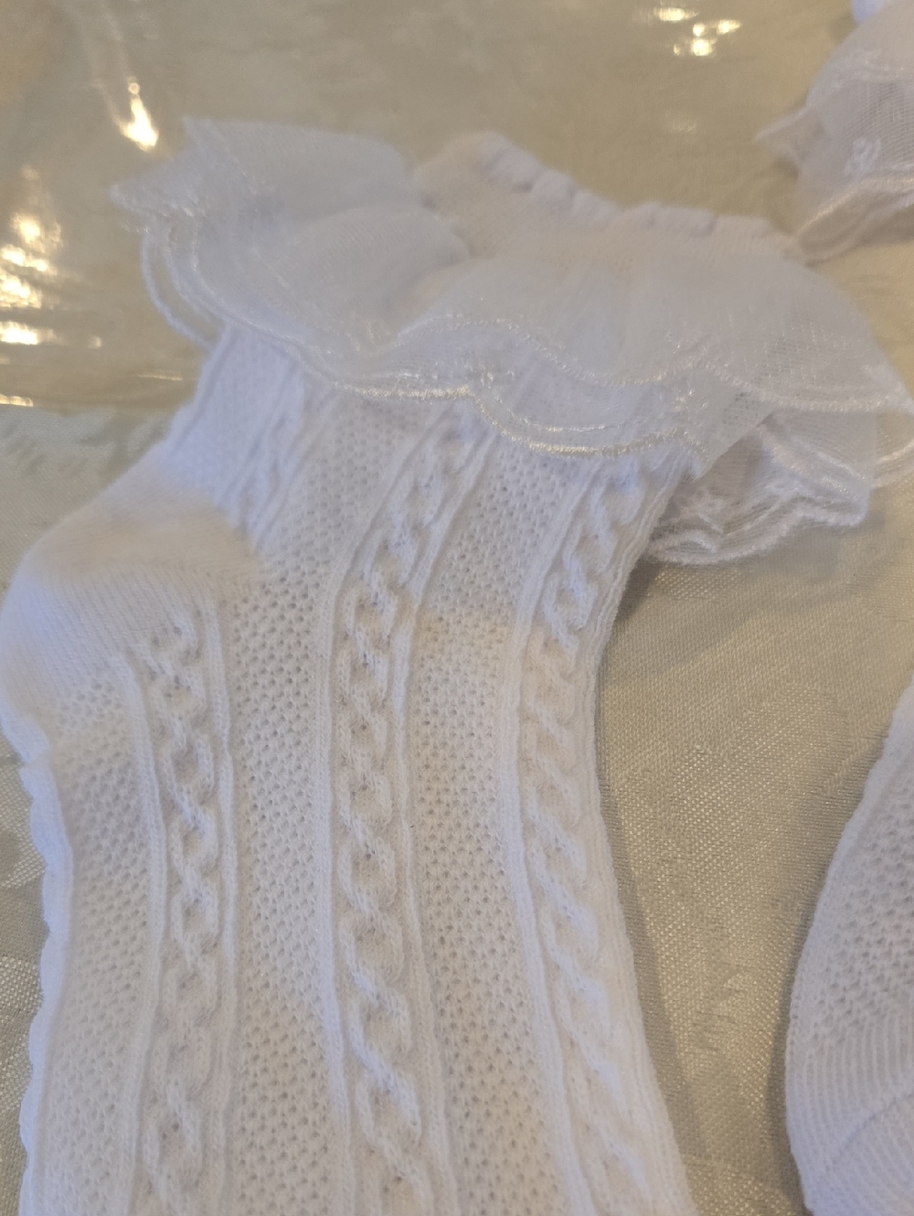White Ruffled Ankle Cable Knit Socks - Picture 3 of 4